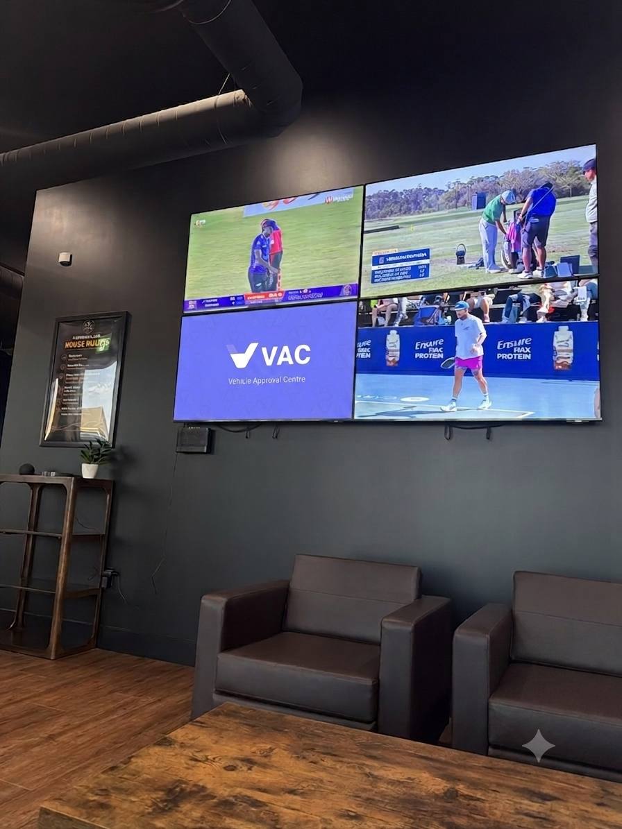 Vehicle Approval Centre logo featured on the FAIRWAYLAB lounge TV wall