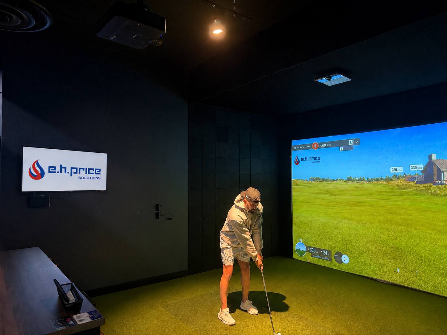 A golfer at address in a FAIRWAYLAB bay, with E.H. Price Solutions branding on the wall-mounted TV to the left and on the hole shown on the TrackMan screen