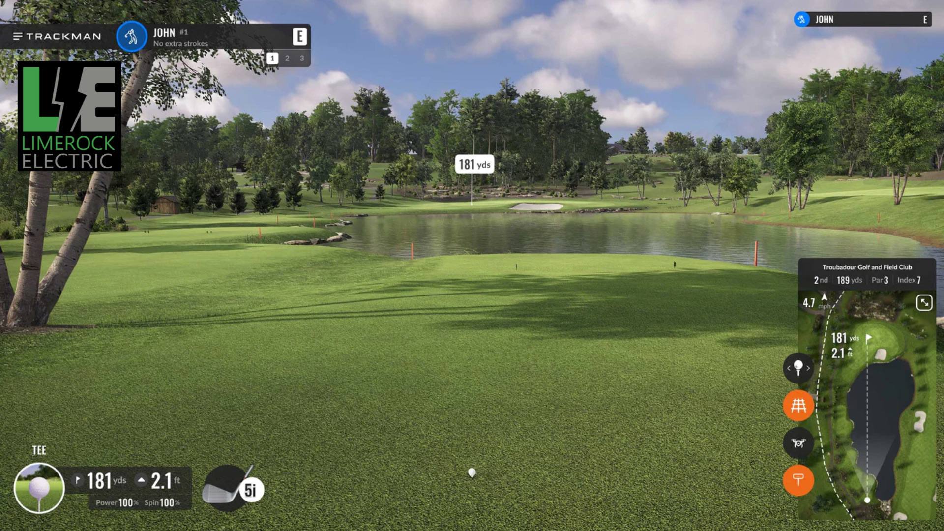 A Limerock Electric logo displayed on-course in the TrackMan simulator as a hole sponsor