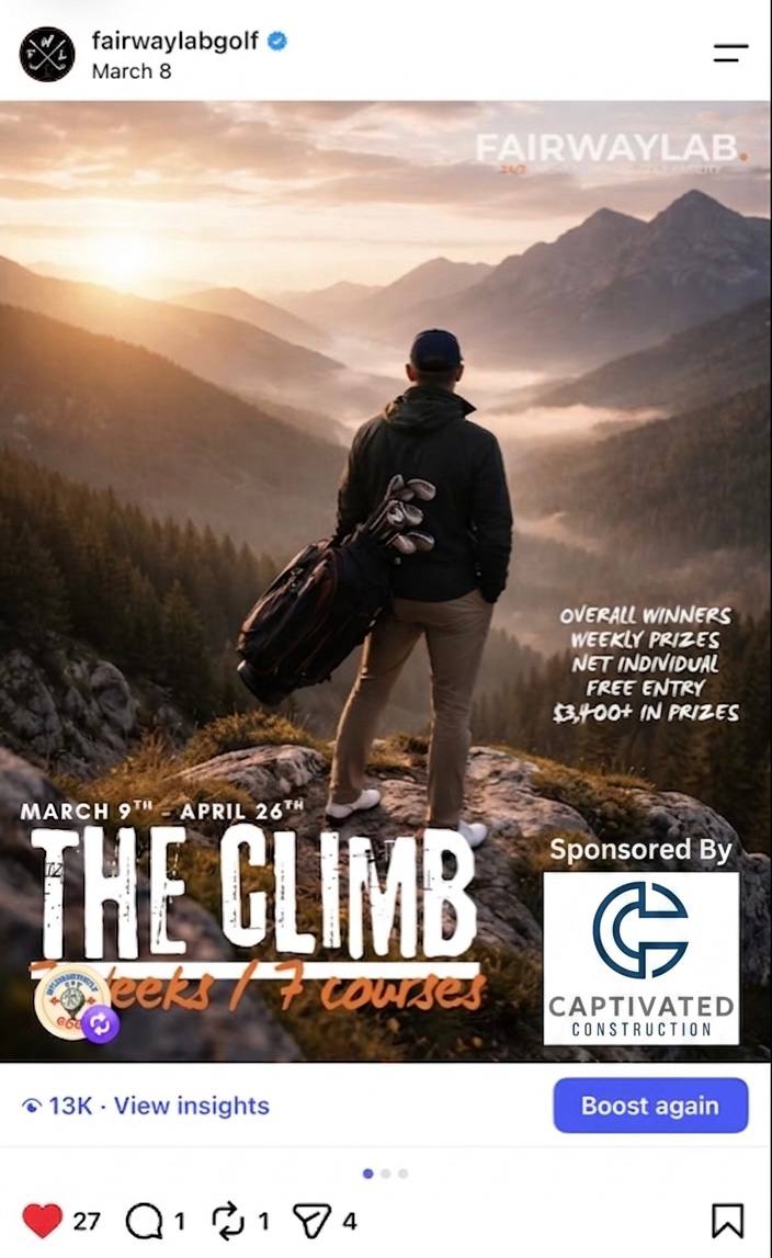 Captivated Construction featured as a tournament sponsor on FAIRWAYLAB's Instagram