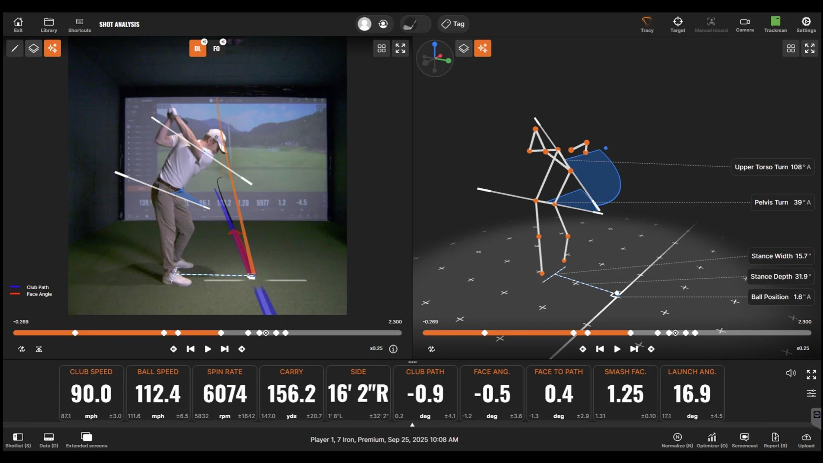 TrackMan Shot Analysis screen: on the left, AI swing analysis with club path and face angle overlaid on swing video; on the right, a 3D body-motion skeleton showing upper torso turn, pelvis turn, and stance data